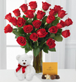 2 Dozen Long Stem Red Roses with Bear & Godiva� - VASE INCLUDED