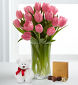 Pink Prelude Tulip Bouquet with Bear and Chocolates