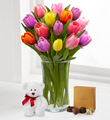 Rush of Color Assorted Tulip Bouquet with Bear and Chocolates